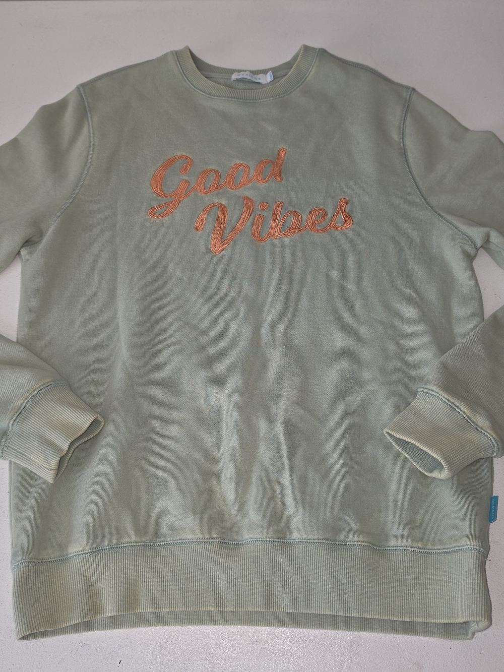 Mint Crewneck Sweatshirt with Orange "Good Vibes" Script
